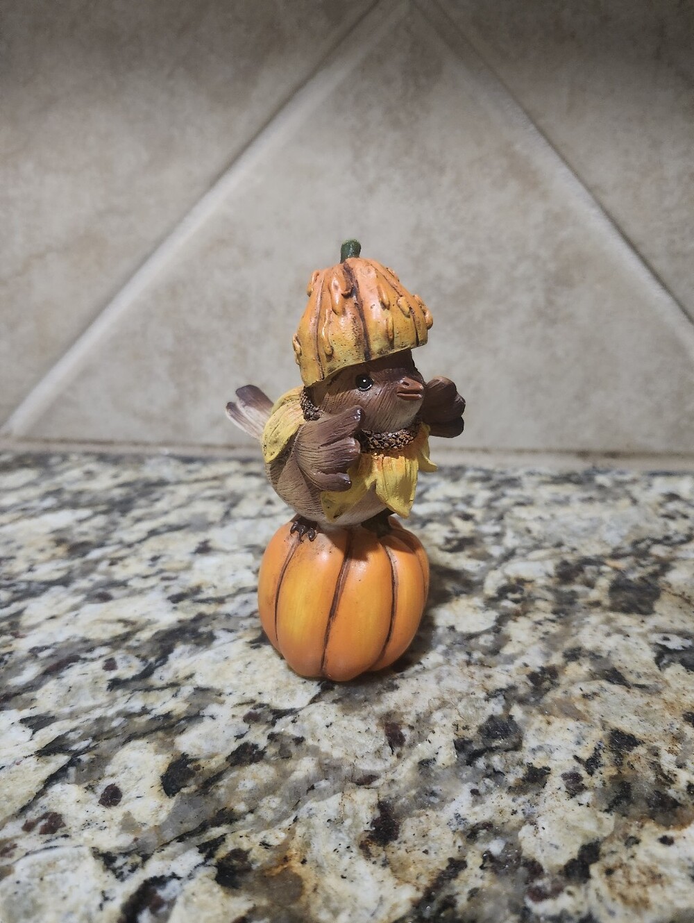 Autumn Bird on Pumpkin Figurine - Orange